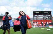 27 April 2024; Treaty United players Delana Friesen, right, and Hannah Saidi arrive before the SSE Airtricity Women's Premier Division match between Bohemians and Treaty United at Dalymount Park in Dublin. Photo by Shauna Clinton/Sportsfile