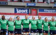 27 April 2024; Ireland players line-up before the Women's Six Nations Rugby Championship match between Ireland and Scotland at the Kingspan Stadium in Belfast. Photo by Ben McShane/Sportsfile