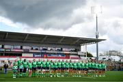 27 April 2024; Ireland players line-up before the Women's Six Nations Rugby Championship match between Ireland and Scotland at the Kingspan Stadium in Belfast. Photo by Ben McShane/Sportsfile