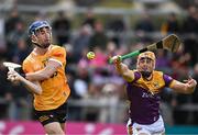 27 April 2024; James McNaughton of Antrim in action against Damien Reck of Wexford during the Leinster GAA Hurling Senior Championship Round 2 match between Antrim and Wexford at Corrigan Park in Belfast. Photo by Sam Barnes/Sportsfile