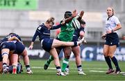 27 April 2024; Mairi McDonald of Scotland has a kick blocked by Linda Djougang of Ireland during the Women's Six Nations Rugby Championship match between Ireland and Scotland at the Kingspan Stadium in Belfast. Photo by Ben McShane/Sportsfile