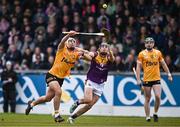27 April 2024; Sean Elliott of Antrim in action against Shane Reck of Wexford during the Leinster GAA Hurling Senior Championship Round 2 match between Antrim and Wexford at Corrigan Park in Belfast. Photo by Sam Barnes/Sportsfile