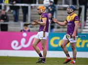 27 April 2024; Wexford players Damien Reck, left, and Kevin Foley react to a referees decision  during the Leinster GAA Hurling Senior Championship Round 2 match between Antrim and Wexford at Corrigan Park in Belfast. Photo by Sam Barnes/Sportsfile