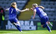 27 April 2024; Katie Lawlee of Treaty United celebrates with team-mate Cara Griffin after scoring her side'sfirst goal during the SSE Airtricity Women's Premier Division match between Bohemians and Treaty United at Dalymount Park in Dublin. Photo by Shauna Clinton/Sportsfile