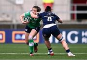 27 April 2024; Eve Higgins of Ireland is tackled by Evie Gallagher of Scotland during the Women's Six Nations Rugby Championship match between Ireland and Scotland at the Kingspan Stadium in Belfast. Photo by Ben McShane/Sportsfile