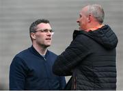 27 April 2024; GAAGO analyst Paddy Andrews and Armagh selector Kieran Donaghy, right, before the Ulster GAA Football Senior Championship semi-final match between Down and Armagh at St Tiernach's Park in Clones, Monaghan. Photo by Stephen McCarthy/Sportsfile