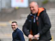 27 April 2024; GAAGO analyst Paddy Andrews and Armagh selector Kieran Donaghy, right, before the Ulster GAA Football Senior Championship semi-final match between Down and Armagh at St Tiernach's Park in Clones, Monaghan. Photo by Stephen McCarthy/Sportsfile
