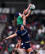 27 April 2024; Brittany Hogan of Ireland wins possession in the lineout against Emma Wassell of Scotland during the Women's Six Nations Rugby Championship match between Ireland and Scotland at the Kingspan Stadium in Belfast. Photo by Ben McShane/Sportsfile