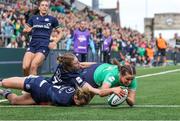 27 April 2024; Katie Corrigan of Ireland scores her side's first try during the Women's Six Nations Rugby Championship match between Ireland and Scotland at the Kingspan Stadium in Belfast. Photo by John Dickson/Sportsfile