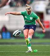 27 April 2024; Dannah O'Brien of Ireland kicks a penalty during the Women's Six Nations Rugby Championship match between Ireland and Scotland at the Kingspan Stadium in Belfast. Photo by Ben McShane/Sportsfile