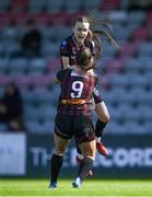 27 April 2024; Savannah Kane of Bohemians celebrates with team-mate Alannah McEvoy after scoring her side's second goal during the SSE Airtricity Women's Premier Division match between Bohemians and Treaty United at Dalymount Park in Dublin. Photo by Shauna Clinton/Sportsfile