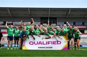 27 April 2024; Ireland players celebrate after qualifying for the Women's Rugby World Cup 2025 after the Women's Six Nations Rugby Championship match between Ireland and Scotland at the Kingspan Stadium in Belfast. Photo by Ben McShane/Sportsfile