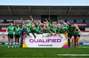 27 April 2024; Ireland players celebrate after qualifying for the Women's Rugby World Cup 2025 after the Women's Six Nations Rugby Championship match between Ireland and Scotland at the Kingspan Stadium in Belfast. Photo by Ben McShane/Sportsfile