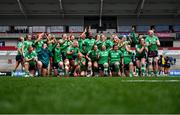 27 April 2024; Ireland players celebrate after the Women's Six Nations Rugby Championship match between Ireland and Scotland at the Kingspan Stadium in Belfast. Photo by Ben McShane/Sportsfile