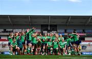 27 April 2024; Ireland players celebrate after the Women's Six Nations Rugby Championship match between Ireland and Scotland at the Kingspan Stadium in Belfast. Photo by Ben McShane/Sportsfile