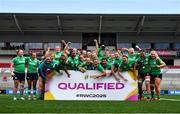 27 April 2024; Ireland players celebrate after qualifying for the Women's Rugby World Cup 2025 after the Women's Six Nations Rugby Championship match between Ireland and Scotland at the Kingspan Stadium in Belfast. Photo by Ben McShane/Sportsfile
