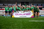 27 April 2024; Ireland players celebrate after qualifying for the Women's Rugby World Cup 2025 after the Women's Six Nations Rugby Championship match between Ireland and Scotland at the Kingspan Stadium in Belfast. Photo by Ben McShane/Sportsfile