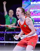 27 April 2024; Shannon Sweeney of Ireland celebrates her victory over Zlatislava Gena Chukanova of Bulgaria in their Women's 50kg Light Flyweight final bout during the 2024 European Boxing Championships at Aleksandar Nikolic Hall in Belgrade, Serbia. Photo by Nikola Krstic/Sportsfile