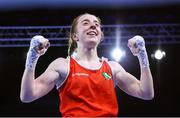 27 April 2024; Shannon Sweeney of Ireland celebrates after her victory over Zlatislava Gena Chukanova of Bulgaria in their Women's 50kg Light Flyweight final bout during the 2024 European Boxing Championships at Aleksandar Nikolic Hall in Belgrade, Serbia. Photo by Nikola Krstic/Sportsfile