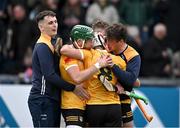 27 April 2024; Antrim players celebrate after their teams victory in the Leinster GAA Hurling Senior Championship Round 2 match between Antrim and Wexford at Corrigan Park in Belfast. Photo by Sam Barnes/Sportsfile