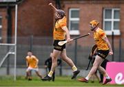 27 April 2024; Antrim players Eoghan Campbell, left, and Conor Boyd celebrate after their side's victory in the Leinster GAA Hurling Senior Championship Round 2 match between Antrim and Wexford at Corrigan Park in Belfast. Photo by Sam Barnes/Sportsfile