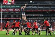 27 April 2024; Peter O’Mahony of Munster gets up high to win the line out ball during the United Rugby Championship match between Emirates Lions and Munster at Emirates Airline Park in Johannesburg, South Africa. Photo by Shaun Roy/Sportsfile
