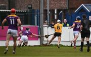 27 April 2024; Seaan Elliott of Antrim scores his side's second goal during the Leinster GAA Hurling Senior Championship Round 2 match between Antrim and Wexford at Corrigan Park in Belfast. Photo by Sam Barnes/Sportsfile
