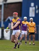 27 April 2024; Lee Chin of Wexford takes a free during the Leinster GAA Hurling Senior Championship Round 2 match between Antrim and Wexford at Corrigan Park in Belfast. Photo by Sam Barnes/Sportsfile