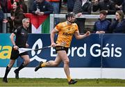 27 April 2024; Gerard Walsh of Antrim celebrates after scoring the winning point in the Leinster GAA Hurling Senior Championship Round 2 match between Antrim and Wexford at Corrigan Park in Belfast. Photo by Sam Barnes/Sportsfile