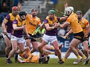 27 April 2024; Conor McDonald of Wexford in action against Paddy Burke of Antrim  during the Leinster GAA Hurling Senior Championship Round 2 match between Antrim and Wexford at Corrigan Park in Belfast. Photo by Sam Barnes/Sportsfile