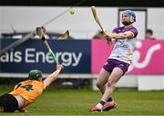 27 April 2024; Wexford goalkeeper Mark Fanning breaks his hurley under a challenge from Séamus Casey of Wexford  during the Leinster GAA Hurling Senior Championship Round 2 match between Antrim and Wexford at Corrigan Park in Belfast. Photo by Sam Barnes/Sportsfile