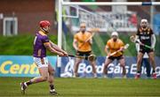 27 April 2024; Lee Chin of Wexford scores a late free to level the game during the Leinster GAA Hurling Senior Championship Round 2 match between Antrim and Wexford at Corrigan Park in Belfast. Photo by Sam Barnes/Sportsfile