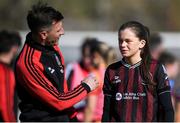 27 April 2024; Bohemians manager Ken Kiernan with Aoibhe Brennan after their side's victory in the SSE Airtricity Women's Premier Division match between Bohemians and Treaty United at Dalymount Park in Dublin. Photo by Shauna Clinton/Sportsfile