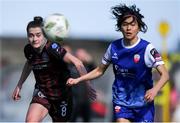 27 April 2024; Sarah McKevitt of Bohemians in action against Ayaka Ikeza of Treaty United during the SSE Airtricity Women's Premier Division match between Bohemians and Treaty United at Dalymount Park in Dublin. Photo by Shauna Clinton/Sportsfile