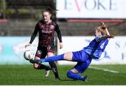 27 April 2024; Katie Lovely of Bohemians in action against Erin Van Dolder of Treaty United during the SSE Airtricity Women's Premier Division match between Bohemians and Treaty United at Dalymount Park in Dublin. Photo by Shauna Clinton/Sportsfile