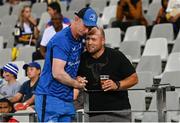 27 April 2024; Leinster head coach Leo Cullen speaks with former Leinster player Richardt Strauss before the United Rugby Championship match between DHL Stormers and Leinster at the DHL Stadium in Cape Town, South Africa. Photo by Harry Murphy/Sportsfile