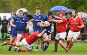 27 April 2024; Jake Calbeck of Leinster in action against Munster during the Interprovincial Juniors match between Leinster and Munster at Kilkenny RFC in Kilkenny. Photo by Matt Browne/Sportsfile