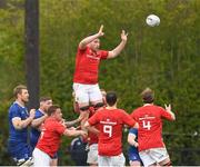 27 April 2024; Ryan Ahern of Munster takes the ball in the lineout against Leinster during the Interprovincial Juniors match between Leinster and Munster at Kilkenny RFC in Kilkenny. Photo by Matt Browne/Sportsfile