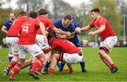 27 April 2024; Dean Moore of Leinster in action against Munster during the Interprovincial Juniors match between Leinster and Munster at Kilkenny RFC in Kilkenny. Photo by Matt Browne/Sportsfile
