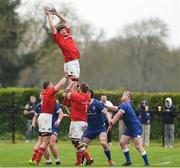 27 April 2024; Jason Woulfe of Munster takes the ball in the lineout against Leinster during the Interprovincial Juniors match between Leinster and Munster at Kilkenny RFC in Kilkenny. Photo by Matt Browne/Sportsfile