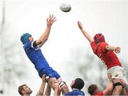27 April 2024; Wes Carter of Leinster takes the ball in the lineout against Munster during the Interprovincial Juniors match between Leinster and Munster at Kilkenny RFC in Kilkenny. Photo by Matt Browne/Sportsfile
