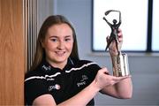 30 April 2024; PwC GPA Player of the Month for March in camogie, Eimear McGrath of Tipperary, with her award at PwC’s office in Limerick. Photo by Piaras Ó Mídheach/Sportsfile