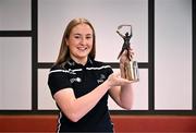 30 April 2024; PwC GPA Player of the Month for March in camogie, Eimear McGrath of Tipperary, with her award at PwC’s office in Limerick. Photo by Piaras Ó Mídheach/Sportsfile