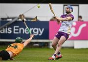 27 April 2024; Wexford goalkeeper Mark Fanning breaks his hurley under a challenge from Niall McKenna of Antrim during the Leinster GAA Hurling Senior Championship Round 2 match between Antrim and Wexford at Corrigan Park in Belfast. Photo by Sam Barnes/Sportsfile