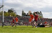 27 April 2024; Ceilum Doherty of Down, 4, scores his side's first goal during the Ulster GAA Football Senior Championship semi-final match between Down and Armagh at St Tiernach's Park in Clones, Monaghan. Photo by Stephen McCarthy/Sportsfile