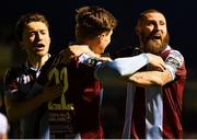 26 April 2024; Aaron McNally of Drogheda United, centre, celebrates with team-mates Darragh Markey, left, and Gary Deegan after scoring his side's third goal during the SSE Airtricity Men's Premier Division match between Drogheda United and Sligo Rovers at Weavers Park in Drogheda, Louth. Photo by Shauna Clinton/Sportsfile