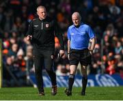 27 April 2024; Armagh selector Kieran Donaghy and referee Liam Devenney at half-time of the Ulster GAA Football Senior Championship semi-final match between Down and Armagh at St Tiernach's Park in Clones, Monaghan. Photo by Stephen McCarthy/Sportsfile