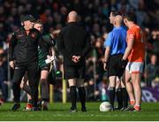 27 April 2024; Armagh manager Kieran McGeeney speaks in the direction of referee Liam Devenney at half-time of the Ulster GAA Football Senior Championship semi-final match between Down and Armagh at St Tiernach's Park in Clones, Monaghan. Photo by Stephen McCarthy/Sportsfile