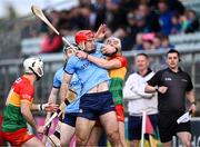 27 April 2024; Paddy Smyth of Dublin in action against Paddy Boland of Carlow during the Leinster GAA Hurling Senior Championship Round 2 match between Carlow and Dublin at Netwatch Cullen Park in Carlow. Photo by Piaras Ó Mídheach/Sportsfile