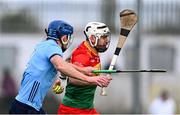 27 April 2024; Chris Nolan of Carlow in action against  John Bellew of Dublin during the Leinster GAA Hurling Senior Championship Round 2 match between Carlow and Dublin at Netwatch Cullen Park in Carlow. Photo by Piaras Ó Mídheach/Sportsfile